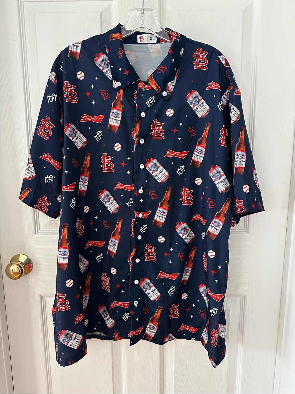 Budweiser Navy Button-Up Shirt with Red Accents